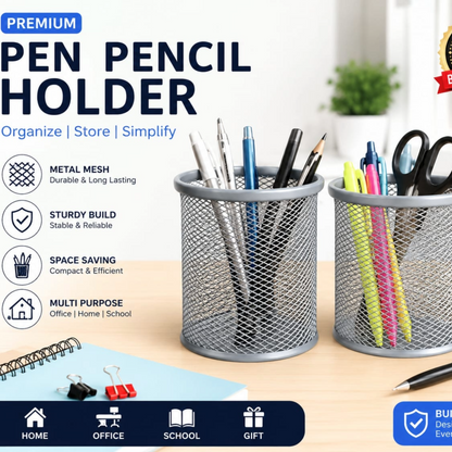 Metal Mesh Desk Organizer Pen Holder |  Pack of 2 | Pencil Stand for Office,  Study Table & Home | Wire Mesh  Stationery Holder | Multipurpose  Organizer | Silver