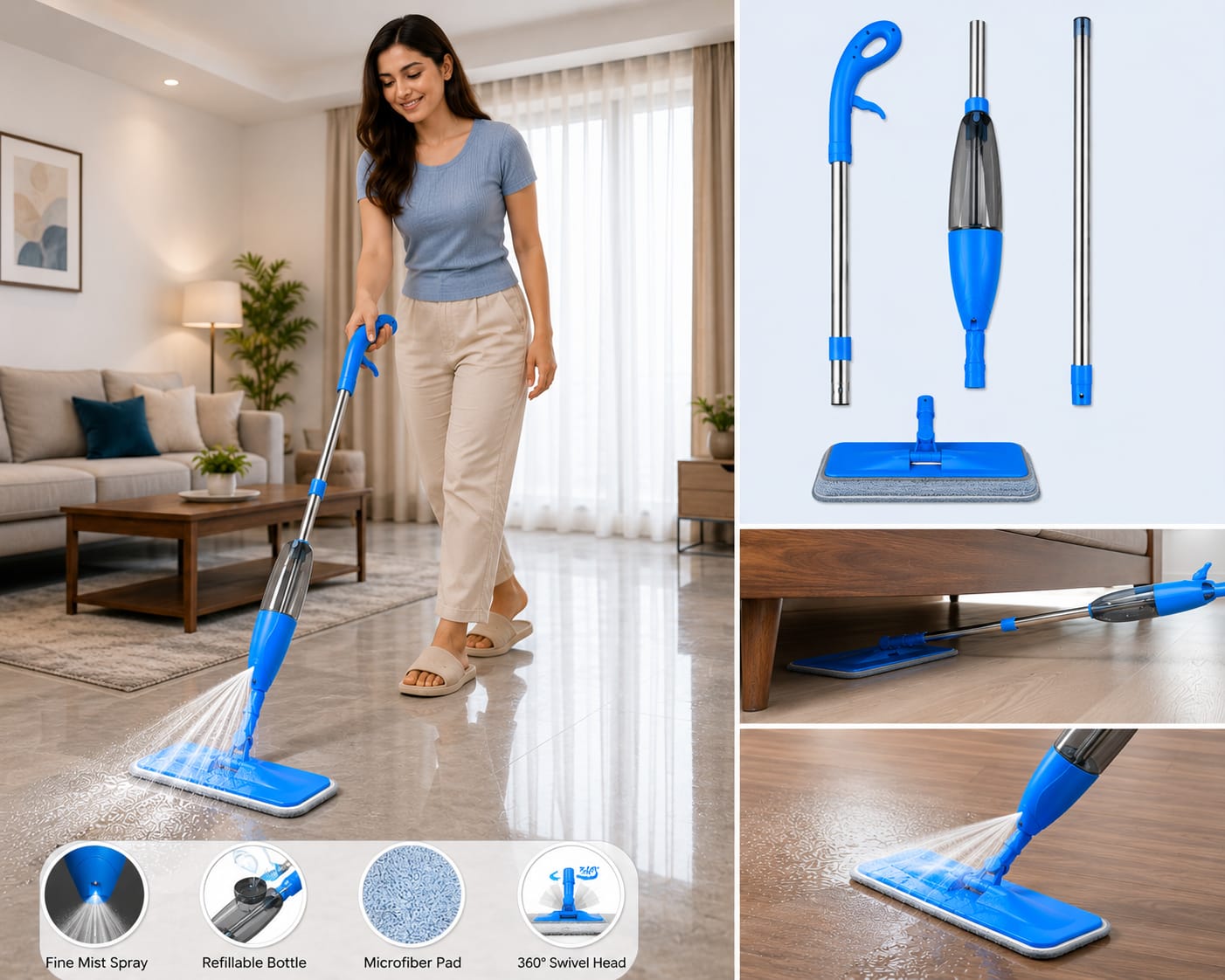 Spray Mop for Floor Cleaning with Refillable Water Tank | Washable Microfiber Pad | Stainless Steel Handle | 360° Rotating Head | Wet & Dry Mop for Tile, Marble, Wood & Laminate Floors