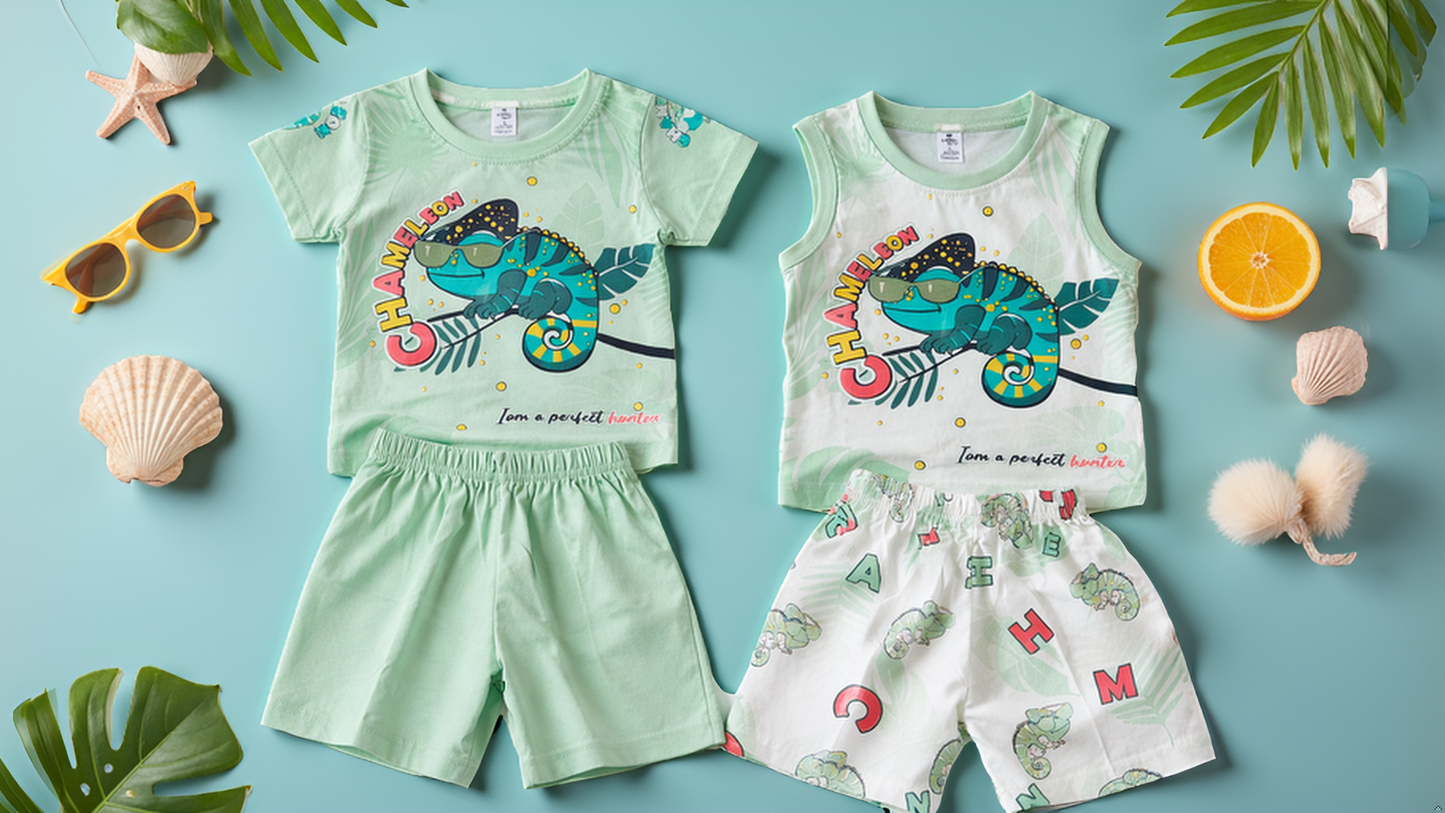 Cute Chameleon Print Baby Boy & Girl Clothing Set –  6 to 24 Months | T-Shirt & Shorts |   3 Variants