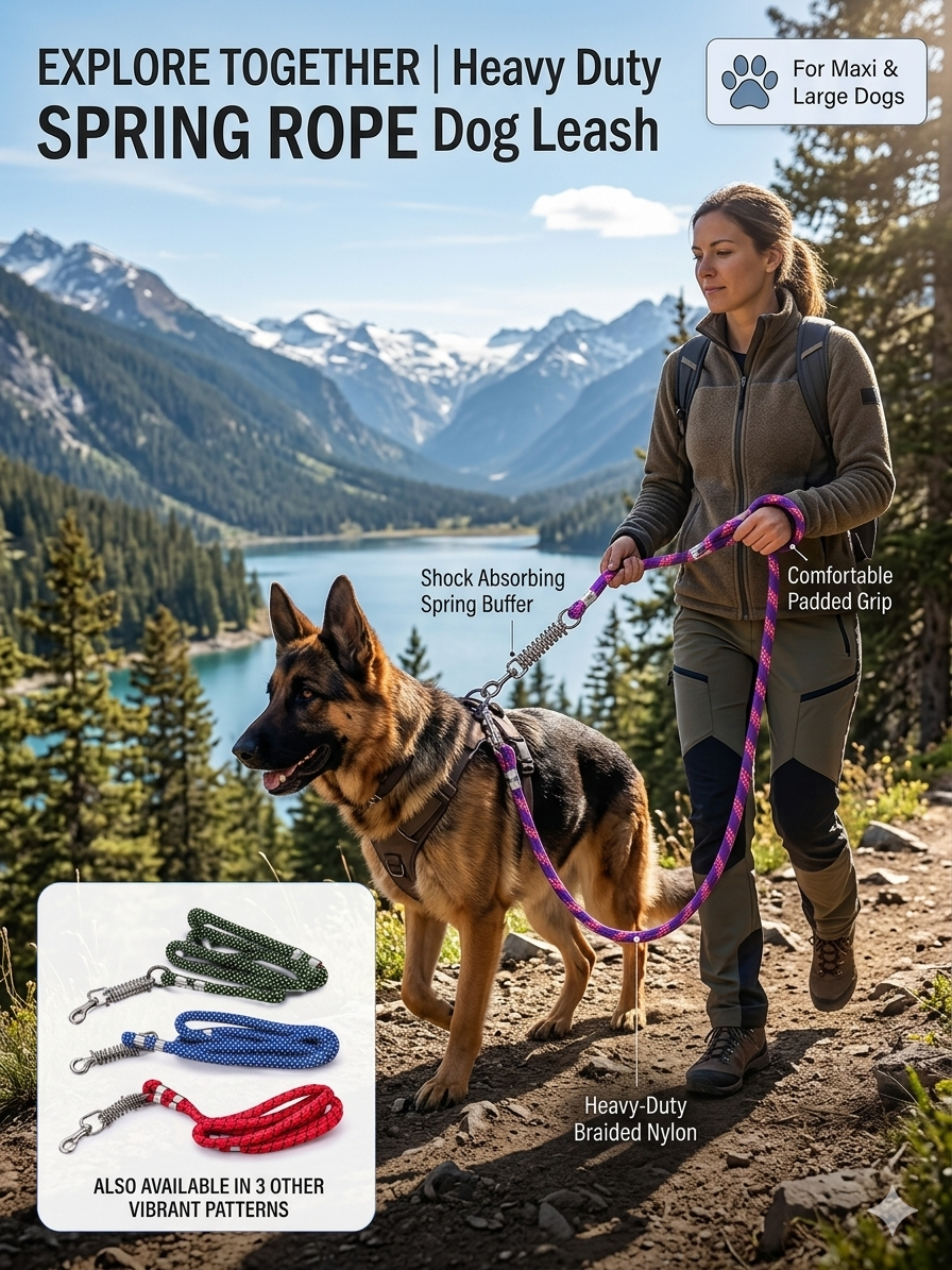 Heavy Duty Dog Leash with Shock Absorbing Spring | 360° Tangle-Free Metal Hook | Strong Nylon Training Leash for Large Dogs | 1.5 Meter